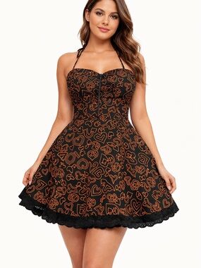 Strapless Black Mini Dress with Orange Heart Print